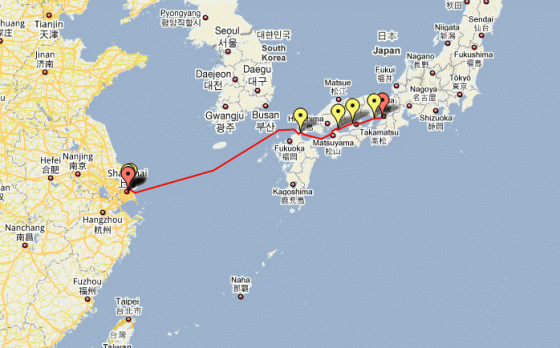 This was our route from Osaka, Japan to Shanghai, China. How glorious! Our means know no bounds!